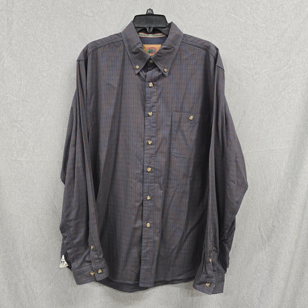 Boston Traders Mens XL Brown Navy Plaid‎ Long Sleeve Button Down Shirt Pocket